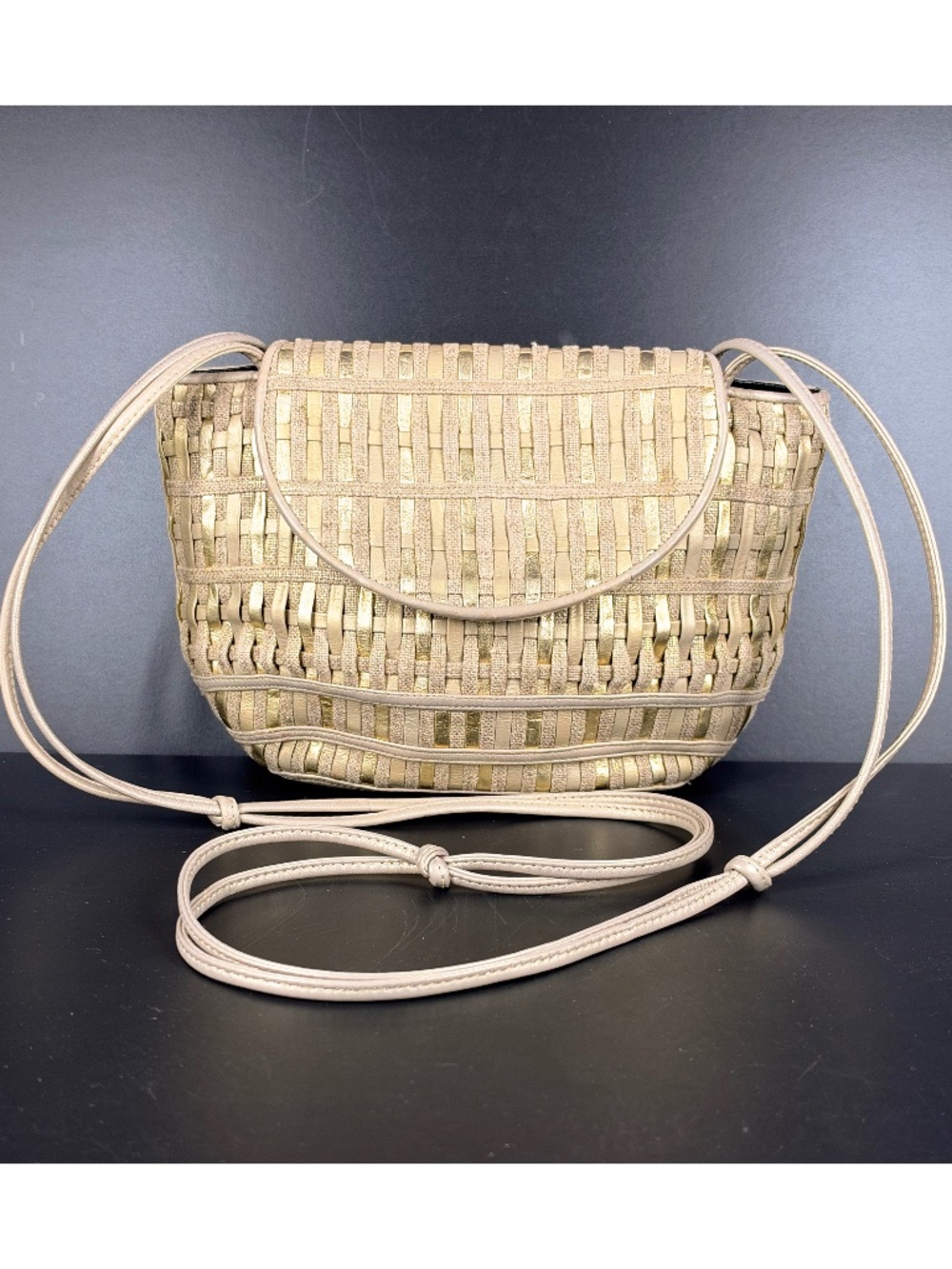 Vintage 80s Sharif Handbag: Woven with Gold-Tone and Natural Fabric Crossbody